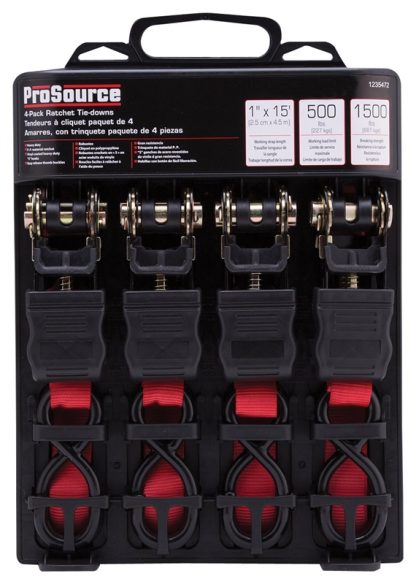 ProSource 1" x 15' Tie Down Metal Ratchet with S-Hook End Fitting, Red, 4pk FH64069