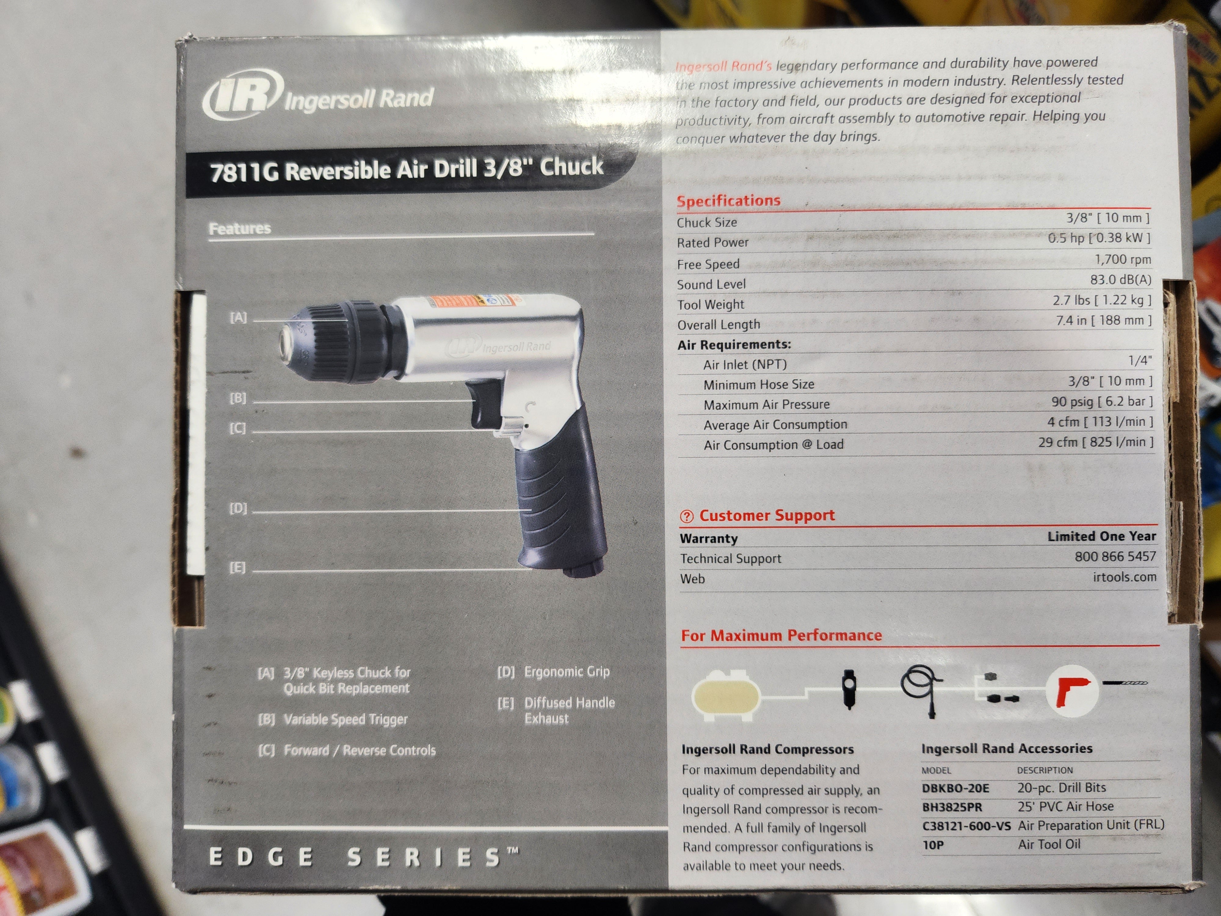 Ingersoll Rand 7811G Air Drill, 3/8 in Chuck, Keyless Chuck, 1/4 in Air Inlet