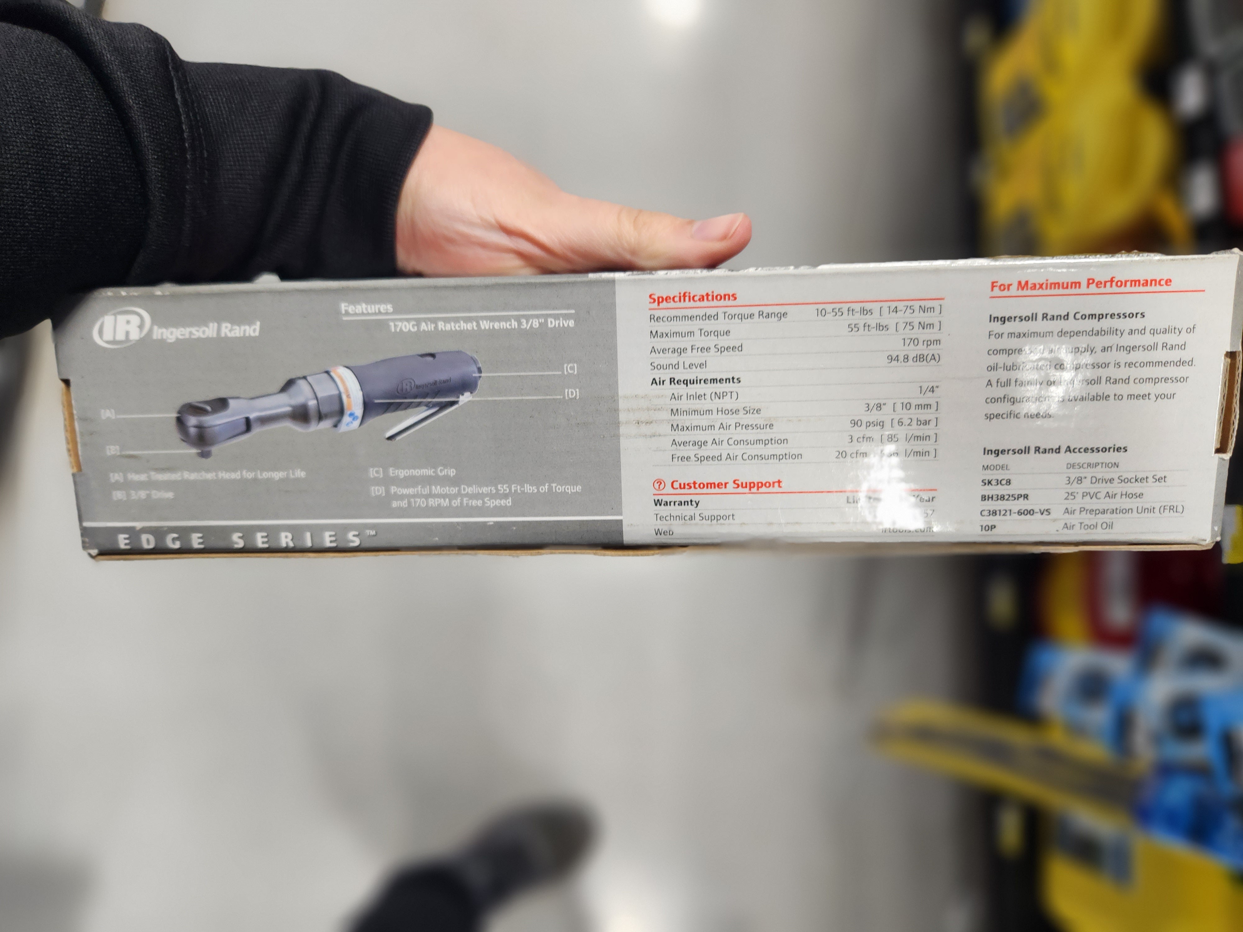 Ingersoll Rand 170G Edge Series 3/8” Drive Air Ratchet Wrench, 55 ft lbs Max Torque Output, 170 RPM, Comfort Grip, Lightweight, Compact, Black