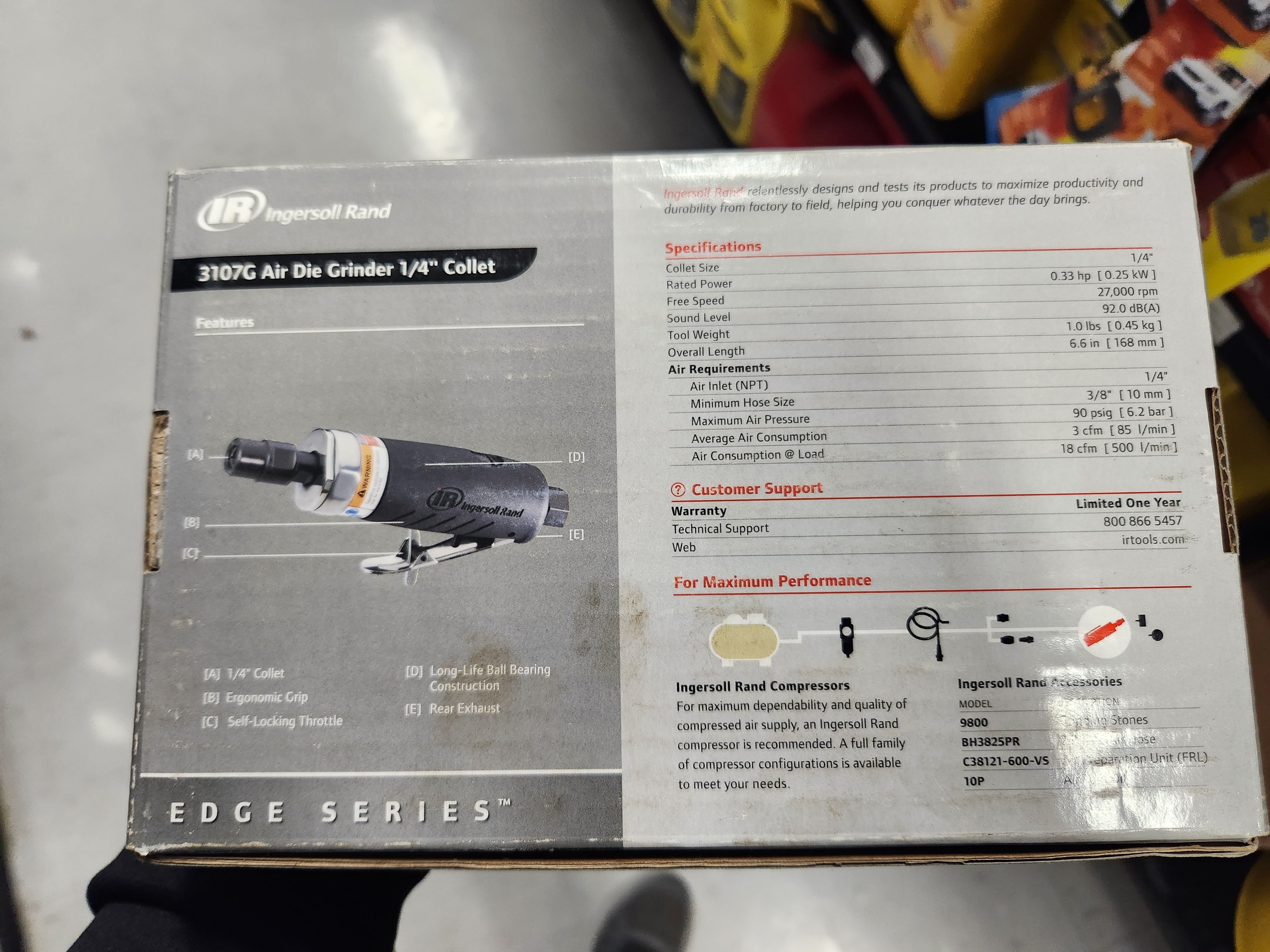 Ingersoll Rand 3107G Air Die Grinder Edge Series – 1/4", Heavy Duty, Straight, Ergonomic Grip, Ball Bearing Construction, Lightweight Tool, Black
