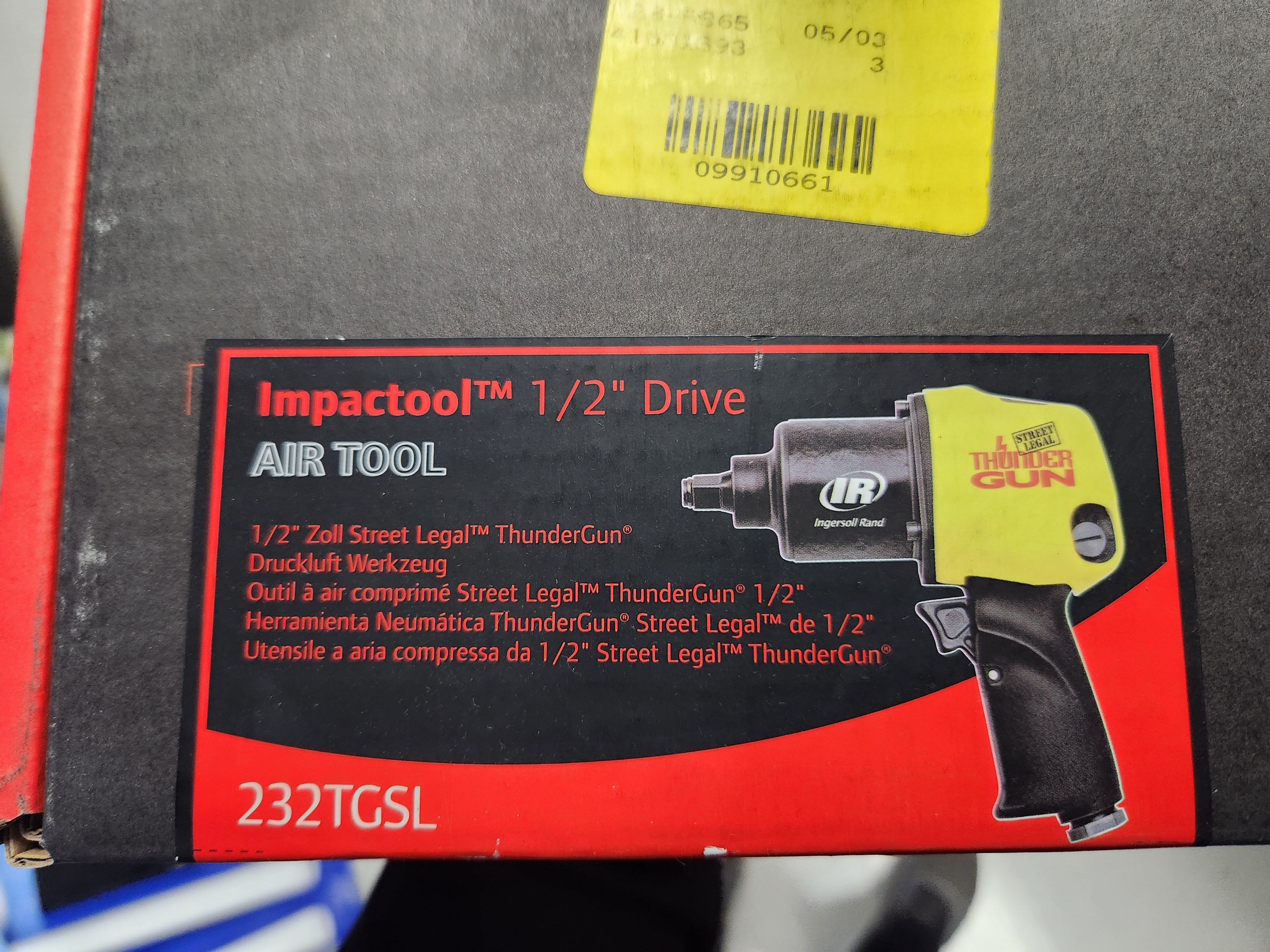 Ingersoll Rand 232TGSL 1/2" Thunder Gun, Fastest Air Impact Wrench, 625 ft lbs Max Reverse Torque, 550 ft lbs Forward Torque, 10,000 RPM, Adjustable Power Regulator