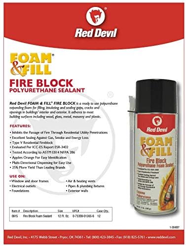 Red Devil 0915 Spray Foam & Fill Fire Block Expanding Insulation Polyurethane Foam Sealant, 12 oz - 0915
