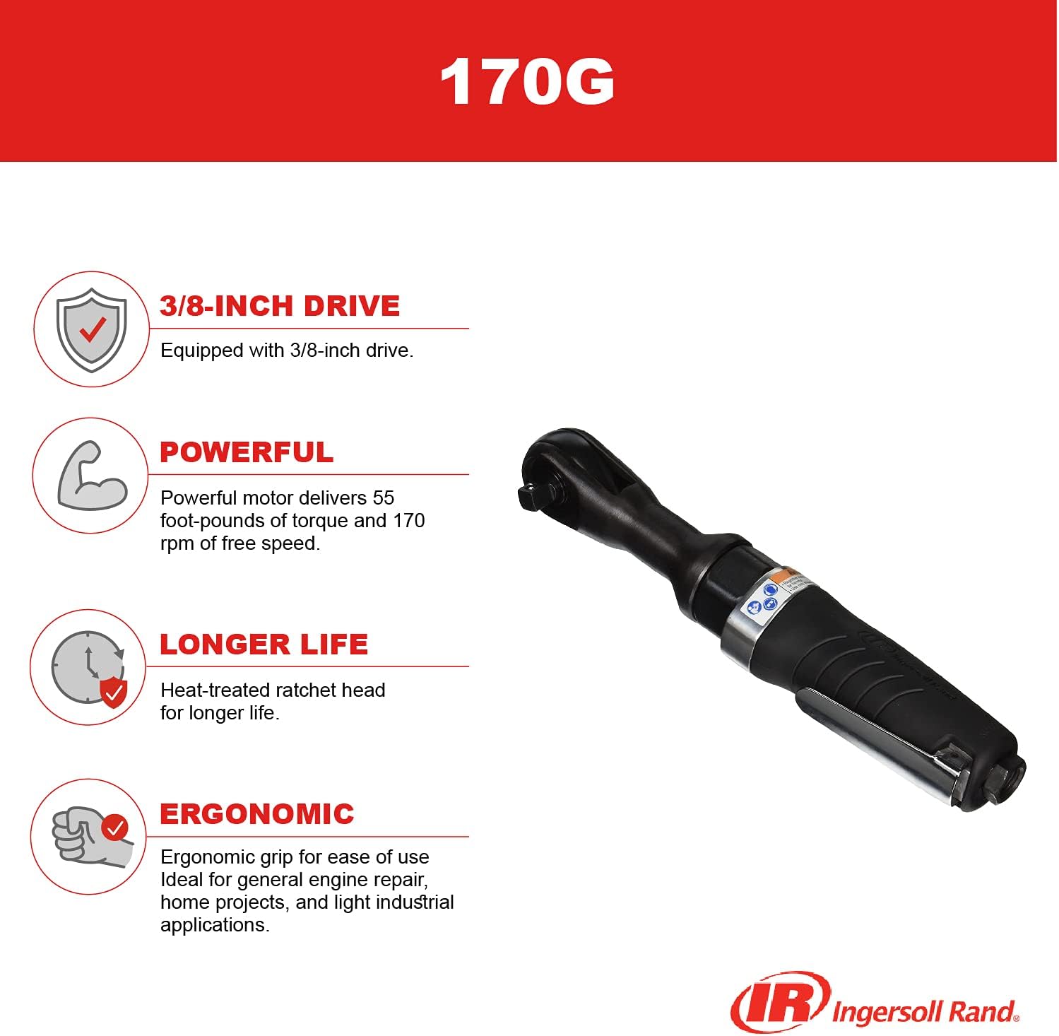 Ingersoll Rand 170G Edge Series 3/8” Drive Air Ratchet Wrench, 55 ft lbs Max Torque Output, 170 RPM, Comfort Grip, Lightweight, Compact, Black