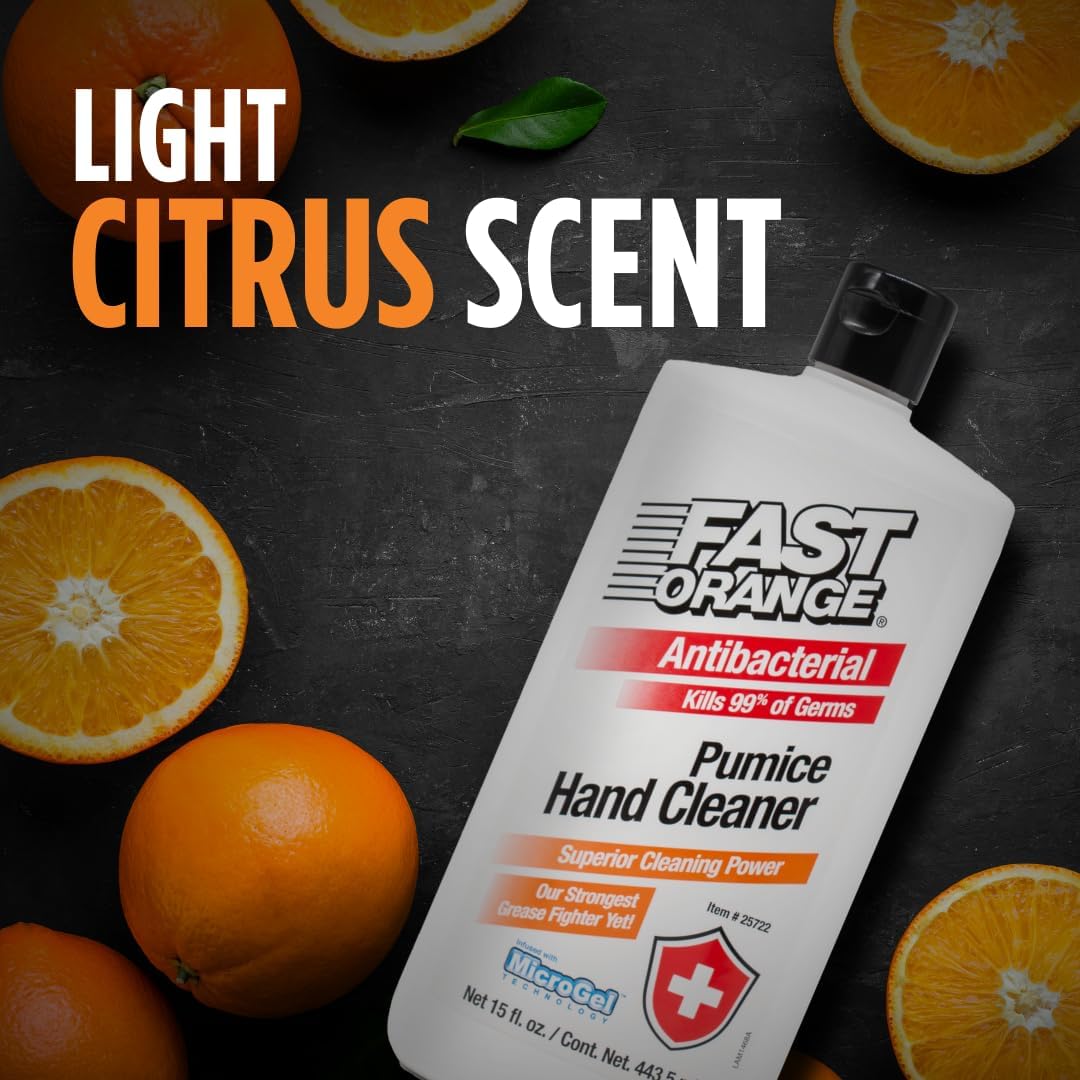 Fast Orange Permatex 25722 Antibacterial Pumice Hand Cleaner Fortified with Aloe, Kills 99% Germs on Hands, Waterless Cleaner for Oil Grease Mechanics, 15 Fl. Oz