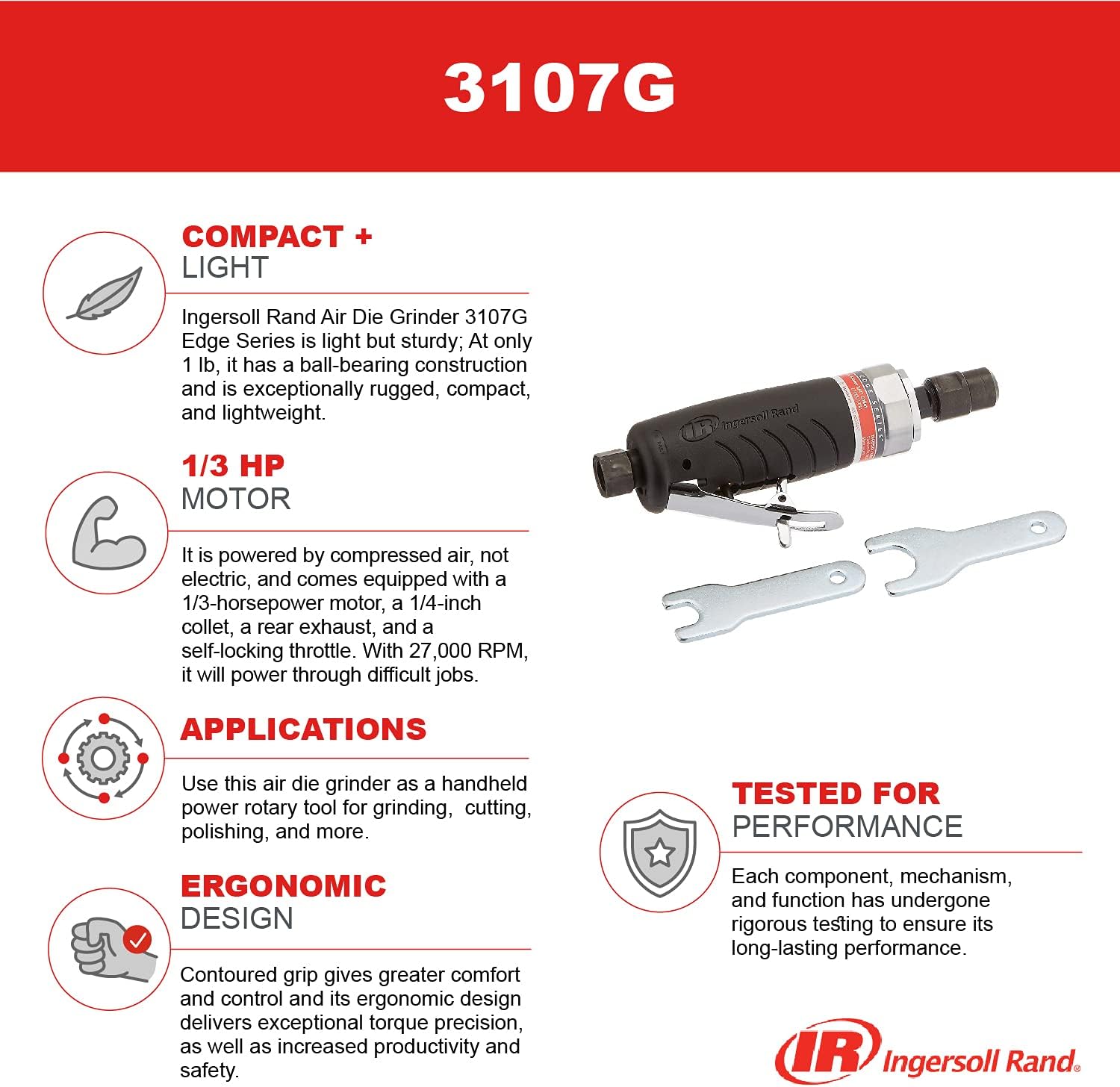 Ingersoll Rand 3107G Air Die Grinder Edge Series – 1/4", Heavy Duty, Straight, Ergonomic Grip, Ball Bearing Construction, Lightweight Tool, Black