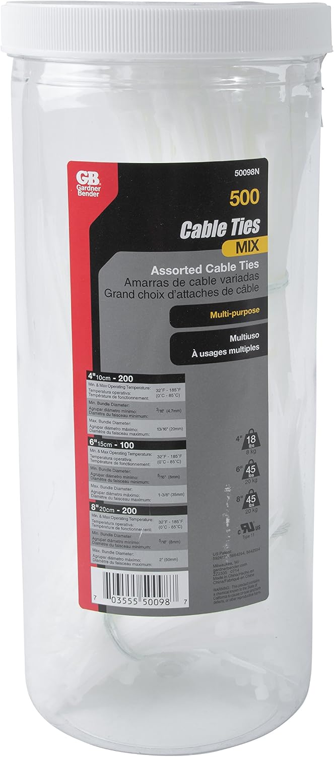 Gardner Bender 50098N Assorted Cable Ties, 4, 6, and 8 inch, 18 and 45 lb, Electrical Wire and Cord Management, Nylon Zip Tie, Reusable Container, 500 Pk, Natural