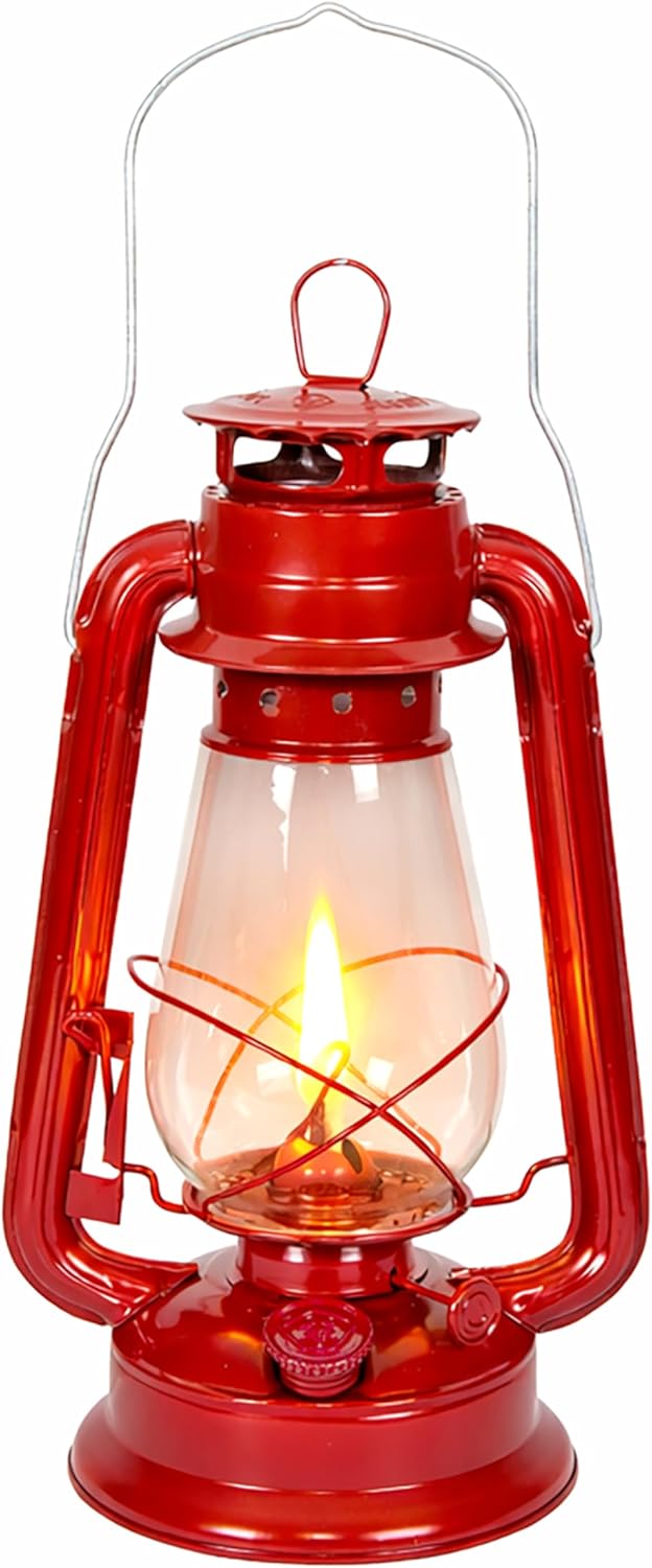 Stansport Hurricane Lantern – 127 Classic Metal Kerosene Oil Lamp with Glass Globe and Adjustable Wick – Portable Emergency Lighting & Decorative Indoor/Outdoor Camping Lantern, Red