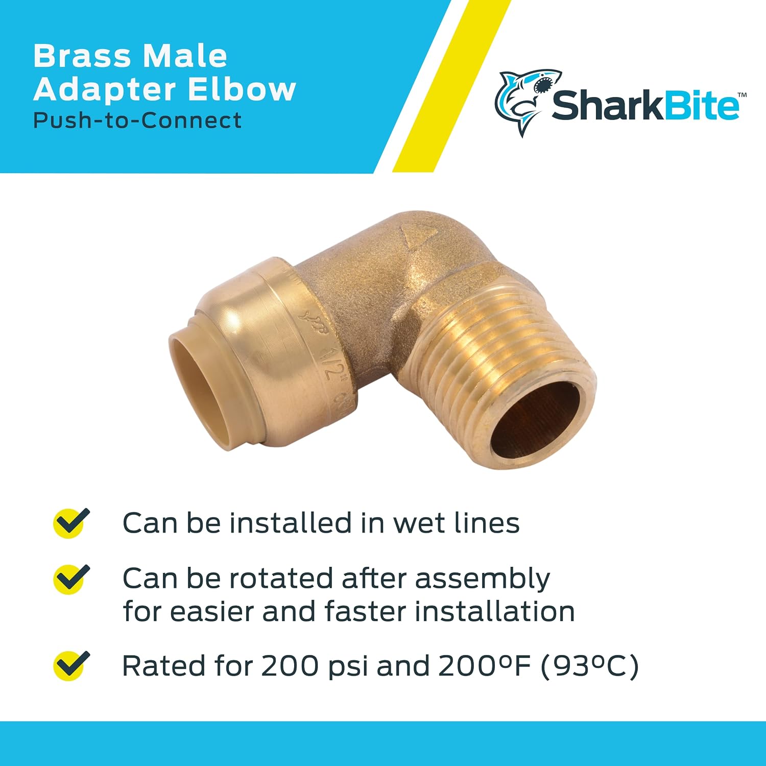 SharkBite 1/2 Inch x 1/2 Inch 90 Degree Male Adapter Elbow, Push to Connect Brass Plumbing Fitting, PEX Pipe, Copper, CPVC, PE-RT, HDPE, U280LFA