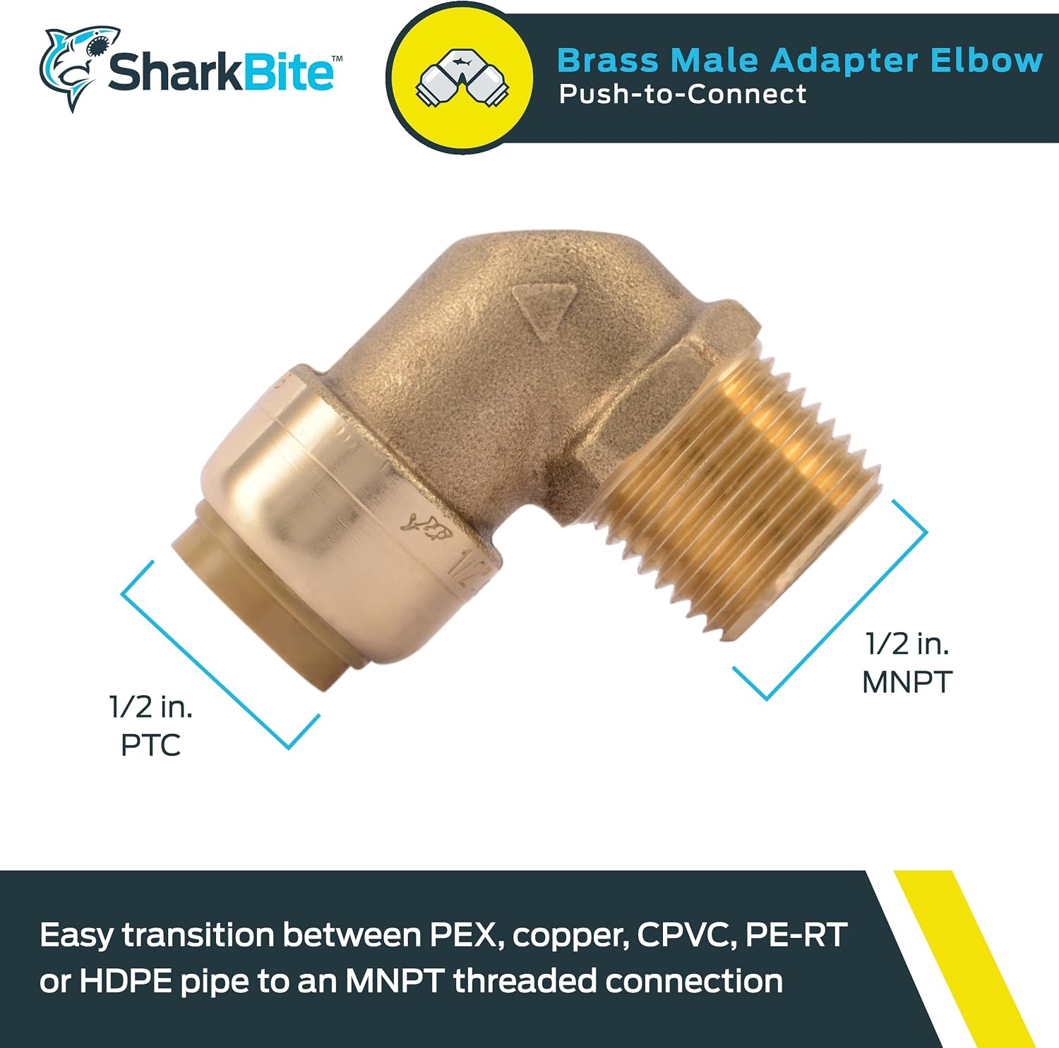 SharkBite 1/2 Inch x 1/2 Inch 90 Degree Male Adapter Elbow, Push to Connect Brass Plumbing Fitting, PEX Pipe, Copper, CPVC, PE-RT, HDPE, U280LFA