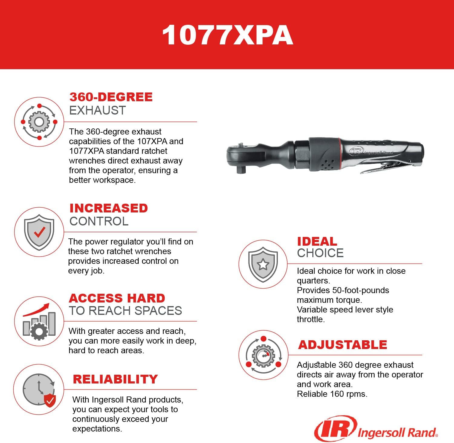 Ingersoll Rand 1077XPA 1/2" Drive Air Ratchet Wrench, 73 ft-lb Max. Torque, 160 RPM