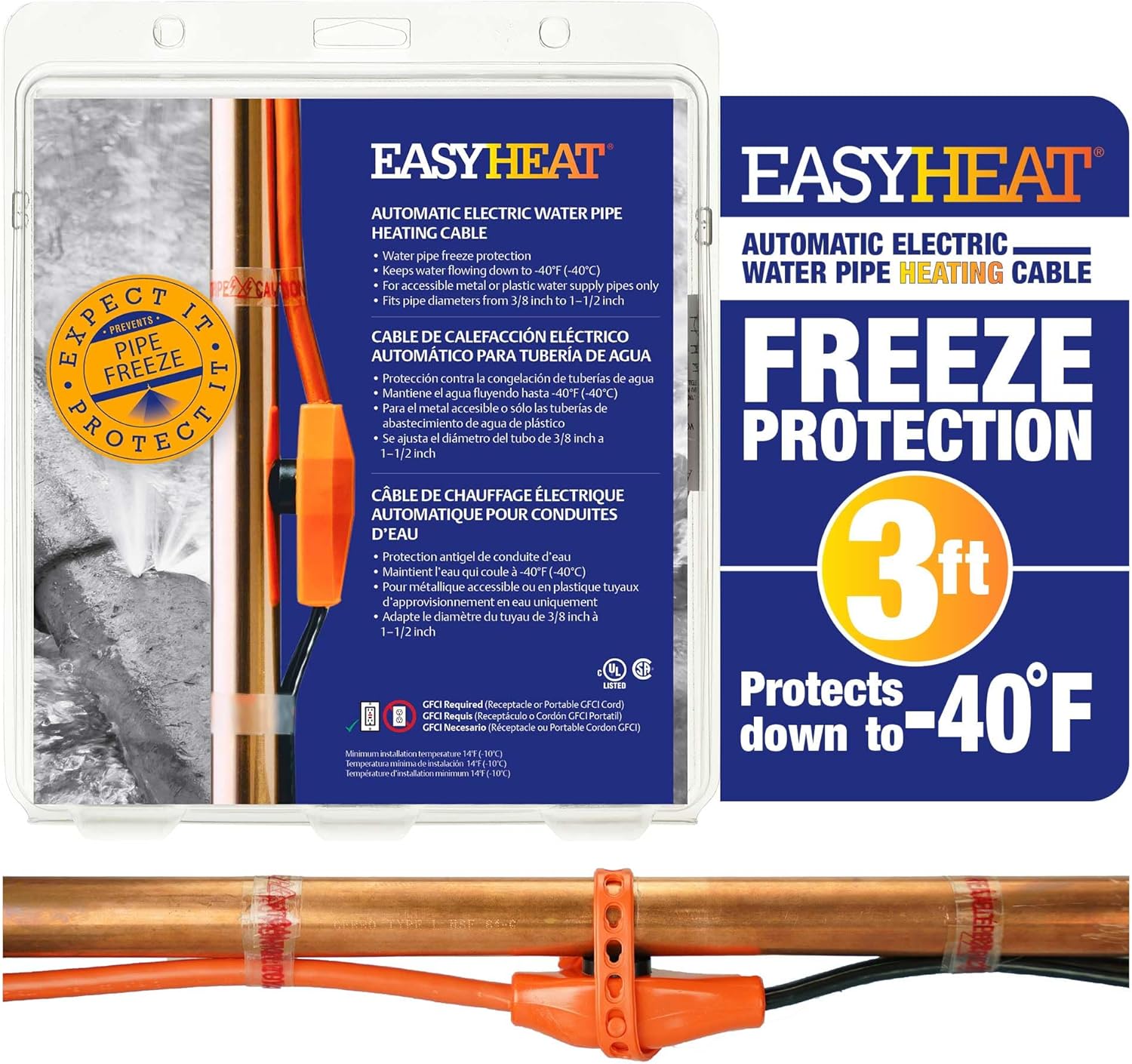 EasyHeat 3' Pipe Heating Cable, Prevent Pipe Freeze, Easy to Use, 7 Watt per foot, 21 Watts