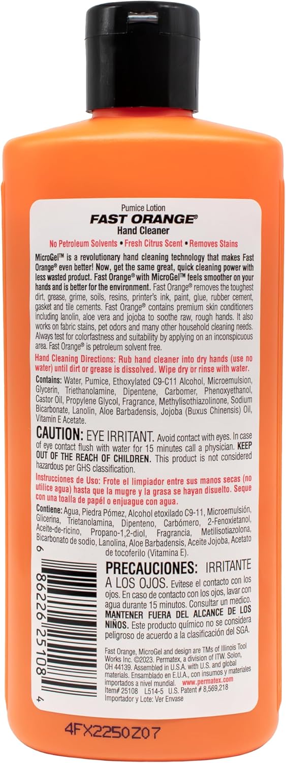 Fast Orange 25108 Pumice Lotion, Heavy Duty Hand Cleaner, Natural Citrus Scent, Waterless Cleaner For Mechanics, Strong Grease Fighter, 7.5 oz