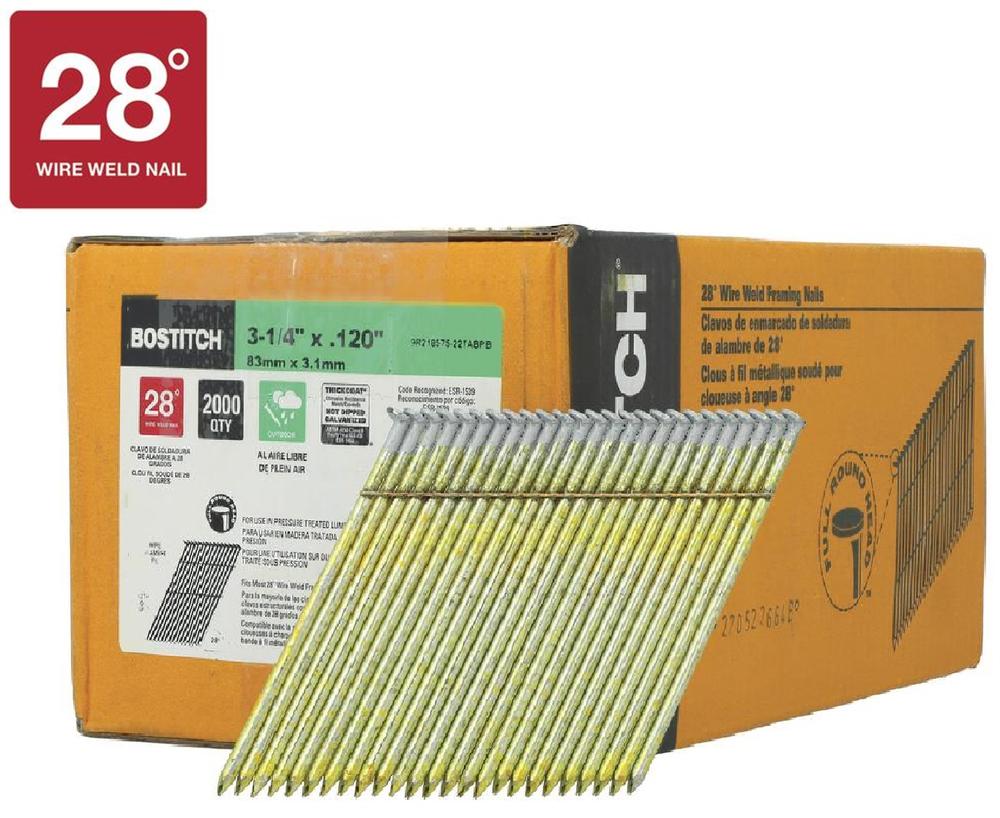 Bostitch® 3-1/4" x .120 28° Wire Hot-Dipped Galvanized Smooth Shank Full-Round Framing Nails - 2,000 Count