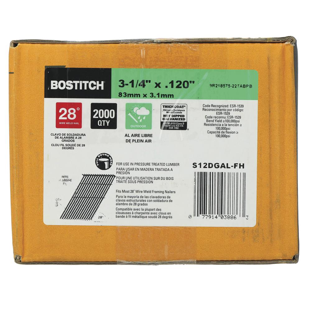 Bostitch® 3-1/4" x .120 28° Wire Hot-Dipped Galvanized Smooth Shank Full-Round Framing Nails - 2,000 Count -- S12DGAL-FH