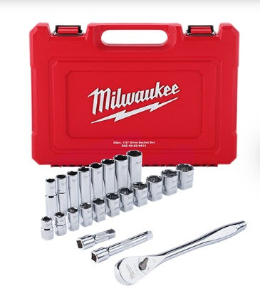 Milwaukee 22 pc 1 2 Drive SAE Ratchet and Socket Set with FOUR FLAT Sides 48 22 9410