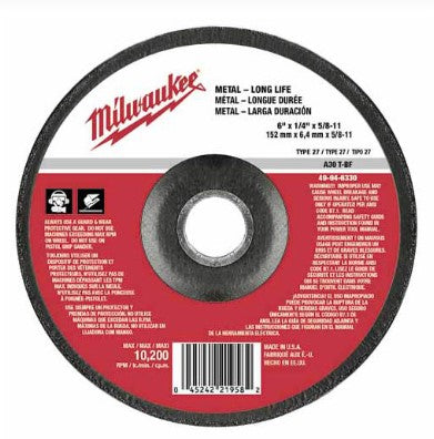 Milwaukee 6" x 1/4" x 5/8-11" Grinding Wheel (Type 27) -- 49-94-6330
