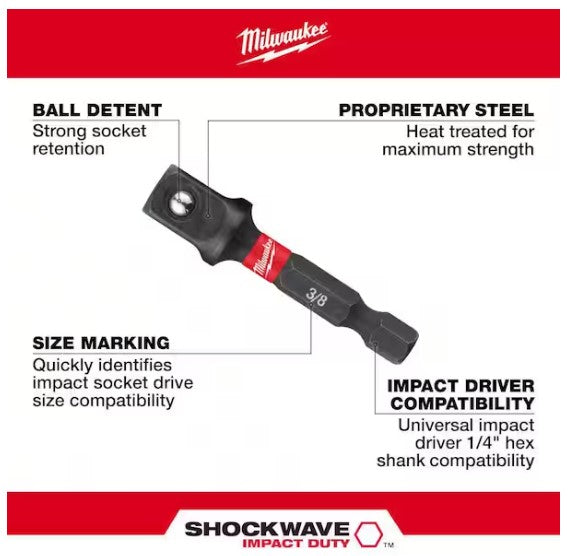 Milwaukee SHOCKWAVE Impact Duty 1/4 in. x 3/8 in. Alloy Steel Square Socket Adapter -- 48-32-5031