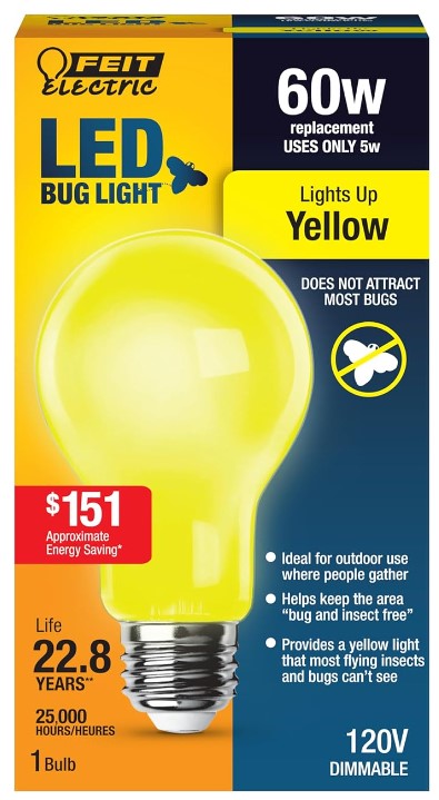Feit Electric A19 Outdoor LED Bug Light, 60-Watt Equivalent, Non-Dimmable LED Light Bulb, E26 Medium Base, 120V, 22 Years Lifetime, Yellow, Pack of 1, A19/BUG/LED/BX