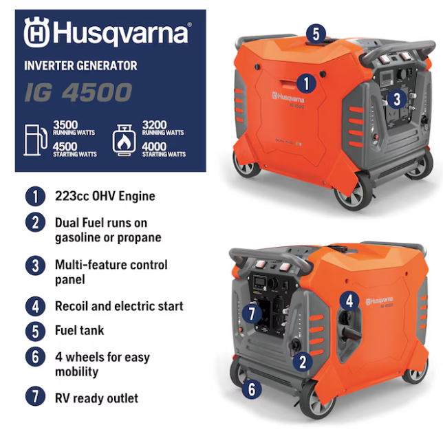 Husqvarna IG 4500 4500 Starting / 3500 Running Watt Gasoline/Liquid propane Dual Fuel Portable Generator
