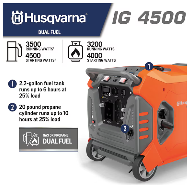Husqvarna IG 4500 4500 Starting / 3500 Running Watt Gasoline/Liquid propane Dual Fuel Portable Generator