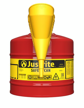 Justrite 5 Gallon Steel Safety Can for Flammables, Type I, Funnel, Flame Arrester, Red - 7150110