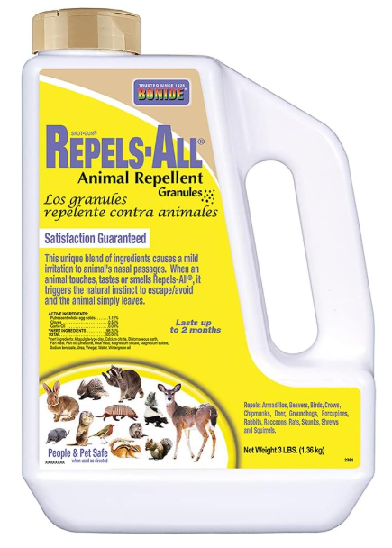 Bonide Repels-All Animal Repellent Granules, 3 lbs. Ready-to-Use Deer & Rabbit Repellent, Deter Pests from Lawn & Garden