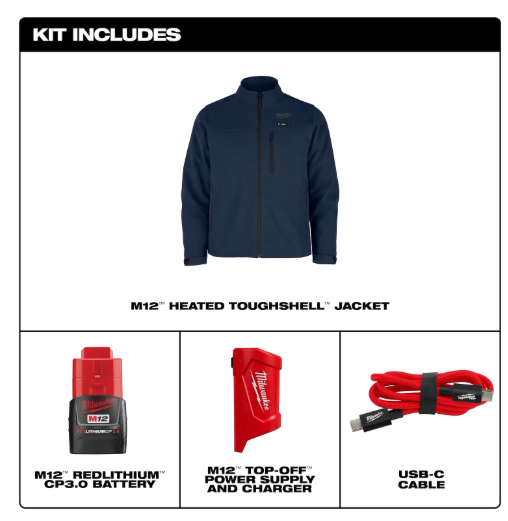 Milwaukee M12™ Heated ToughShell™ Jacket with M12™ Battery, Charger and USB-C Cable Wind/Water Resistant, Blue