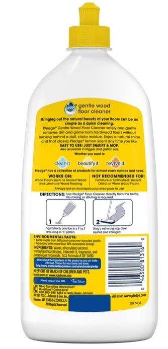 Pledge Gentle Wood Floor Cleaner, Lemon Scent - Gently Removes Dirt & Grime From Hardwood Floors (1 Bottle), 27 oz