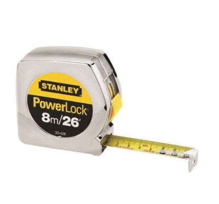 Stanley 33-428L Tape Measure, 26 ft L Blade, 1 in W Blade, Steel Blade, ABS Case, Chrome Case