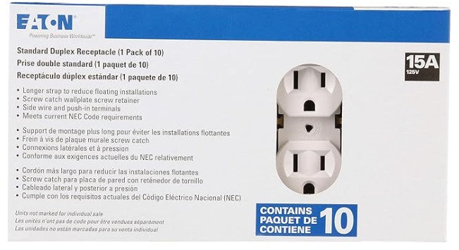 Eaton 15-Amp 125-volt Residential Duplex Outlet, White (10-Pack) -- 270W-10