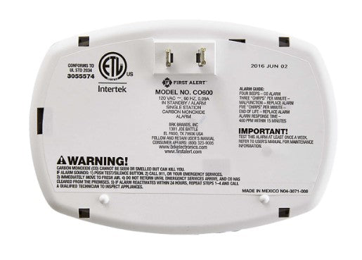 First Alert, CO605 / FCD2BT, AC Plug-in With Battery Backup Carbon Monoxide Alarm Detector