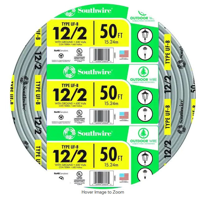 Southwire 50 ft. 12/2 Gray Solid CU UF-B W/G Wire