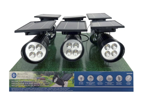 Boston Harbor 26080 Solar Spotlight, Li-Ion Battery, 18650 Battery, 8-Lamp, Plastic Fixture, Black