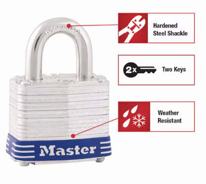 Master Lock Four-Pin Tumbler Lock, Laminated Steel Body, 1 9/16" Wide, Silver/Blue, Two Keys - 3D