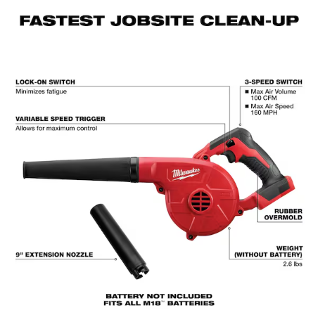 Milwaukee M18 Compact Hand held Blower, Bare Tool, 18V, 100 cfm Max Air Flow, 160 mph Max Air Speed - 0884-20