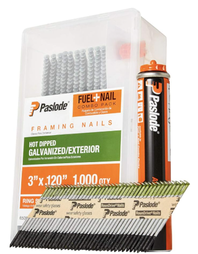 Paslode, Framing Nails and Fuel Pack, 650527, 3 inch x .120 Gauge, Ring Hot Dipped Galvanized, 1 Fuel Cell and 1,000 Nails