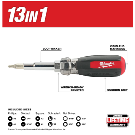 Milwaukee 13in1 Cushion Grip Screwdriver with Schrader Bit -- 48-22-2881