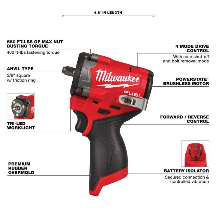 Milwaukee M12 FUEL Stubby 3/8 Inch Impact Wrench (Bare Tool) -- 2562-20