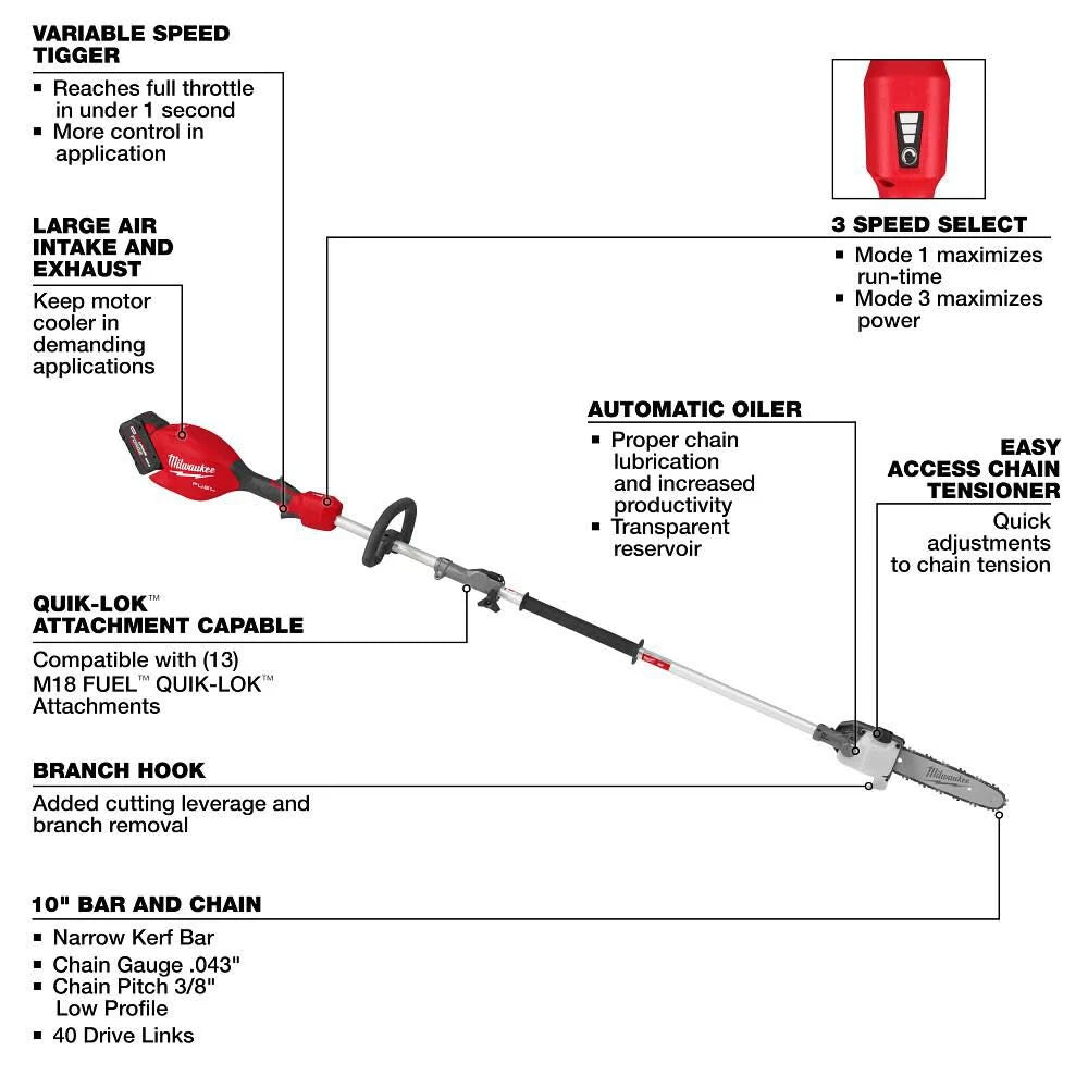 Milwaukee M18 FUEL Pole Saw with QUIK-LOK Kit -- 3016-21ps