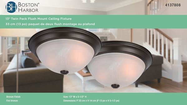 Boston Harbor Flush Mount Ceiling Fixture, 120 V, 60 W, A19 or CFL Lamp, Bronze Fixture, Pack of 2