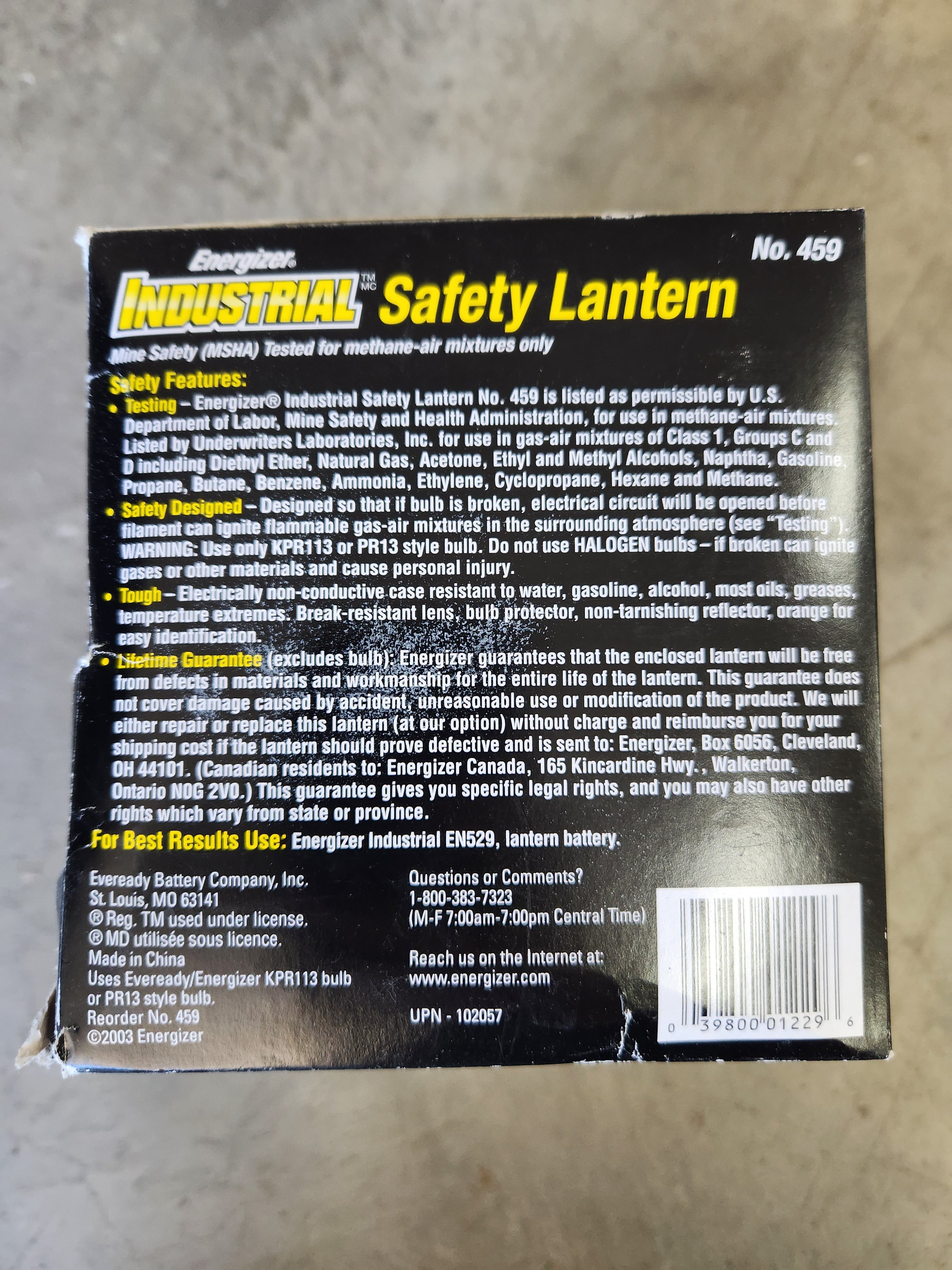 Energizer® Industrial® 459 908AC Mine Safety Lantern, PR13/KPR113 Krypton Bulb, Plastic Housing, 64 Lumens