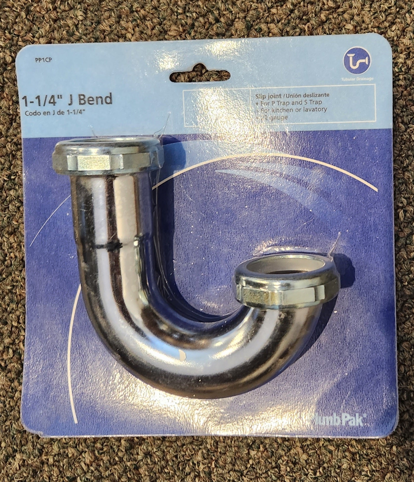 Plumb Pak PP1CP J-bend without Cleanout, 1-1/4 x 1-1/4 in, Slip Joint, Brass, Chrome