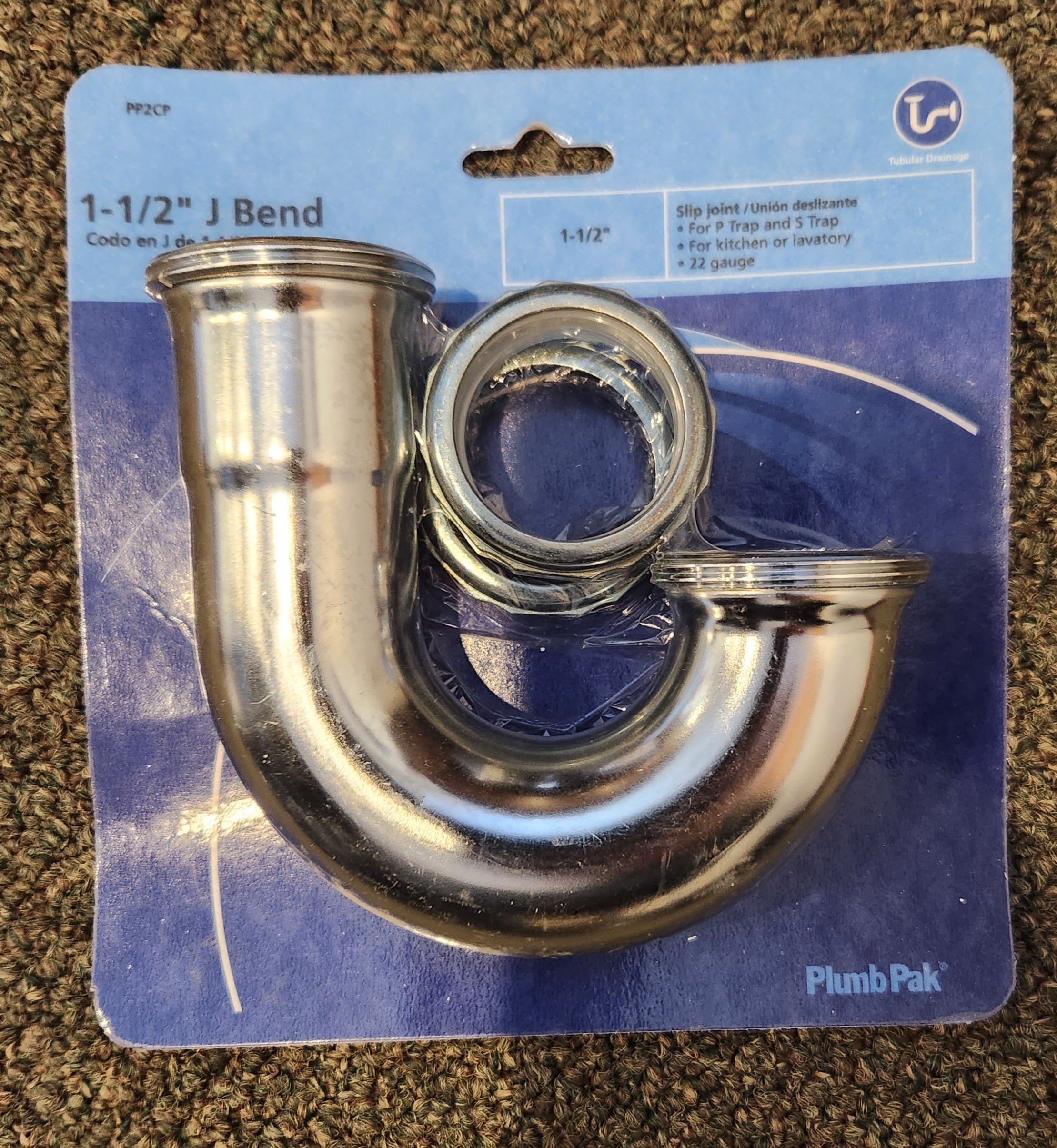 Plumb Pak PP2CP J-bend without Cleanout, 1-1/2 in, Slip Joint, Brass, Chrome