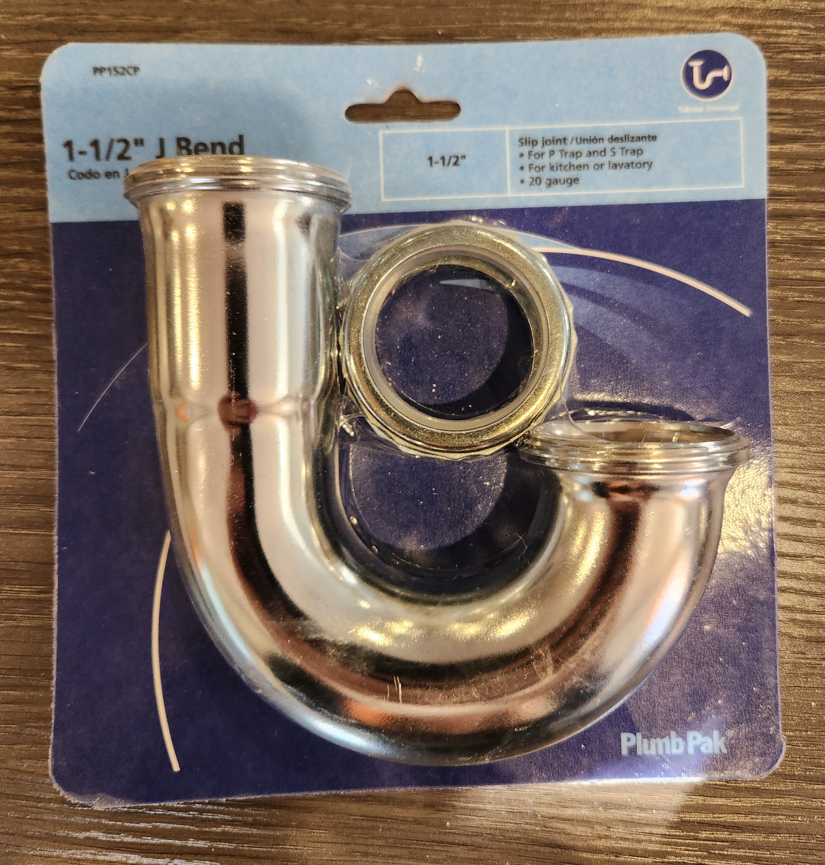 Plumb Pak PP152CP J-bend without Cleanout, 1-1/2 x 1-1/2 in, Slip Joint, Brass, Chrome