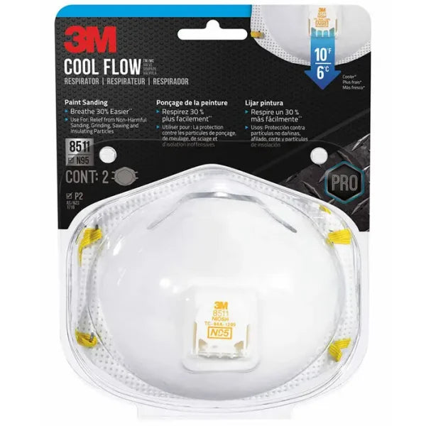 3M 8511PA1-2A Cool Flow Paint Sanding Valved Respirator, 2-Pack