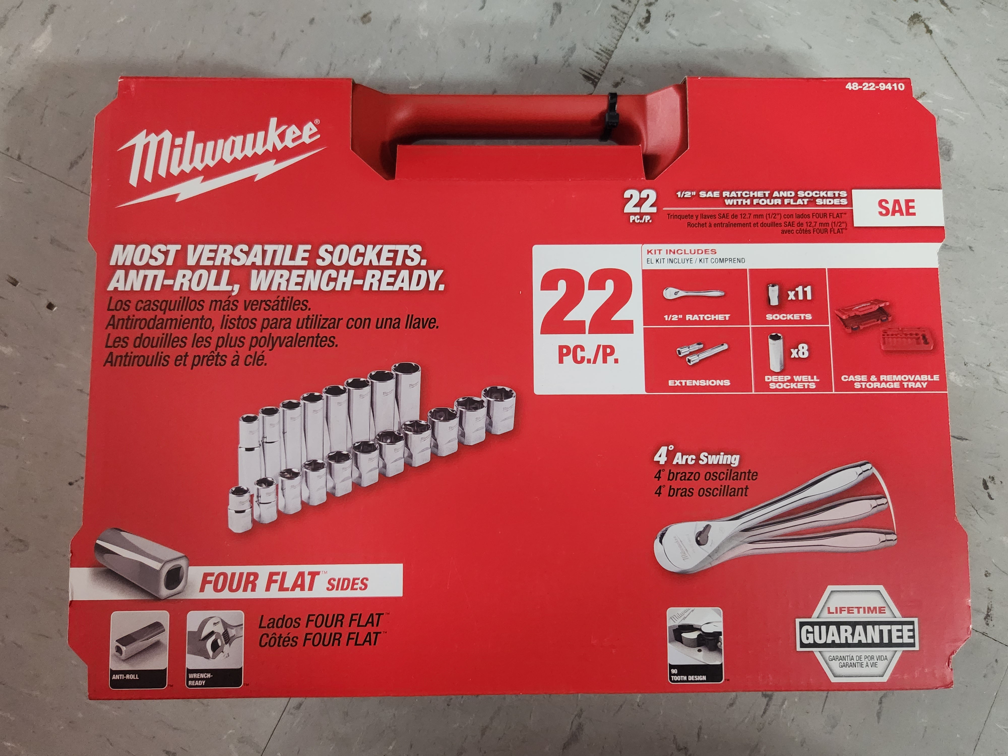 Milwaukee 22 pc 1/2" Drive SAE Ratchet and Socket Set with FOUR FLAT™ Sides 48-22-9410