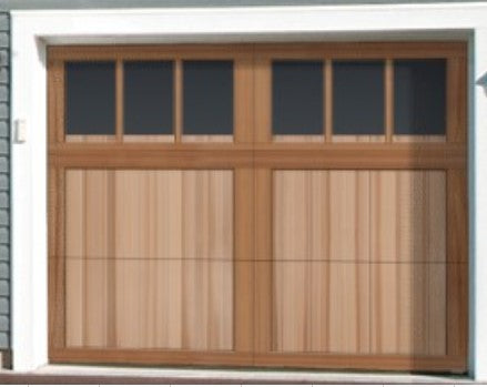 Clopay 9x8 Reserve Wood door cedar wood overlay and trim boards and glass top section door comes unfinished -- Door #257
