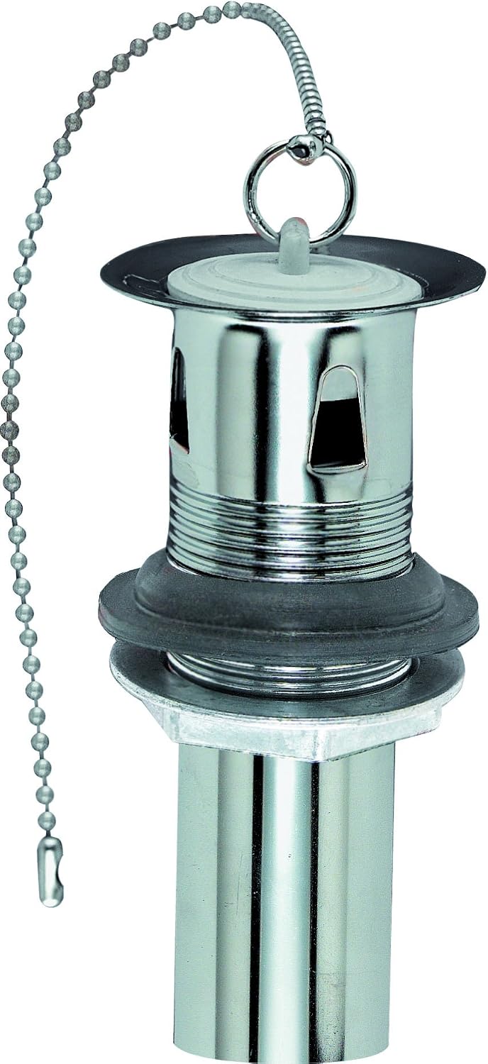 Plumb Pak PP19PC 1-Piece PO Plug Drain With Chain and Stopper, 5 X 1-1/4 in, 22 ga, Chrome Plated