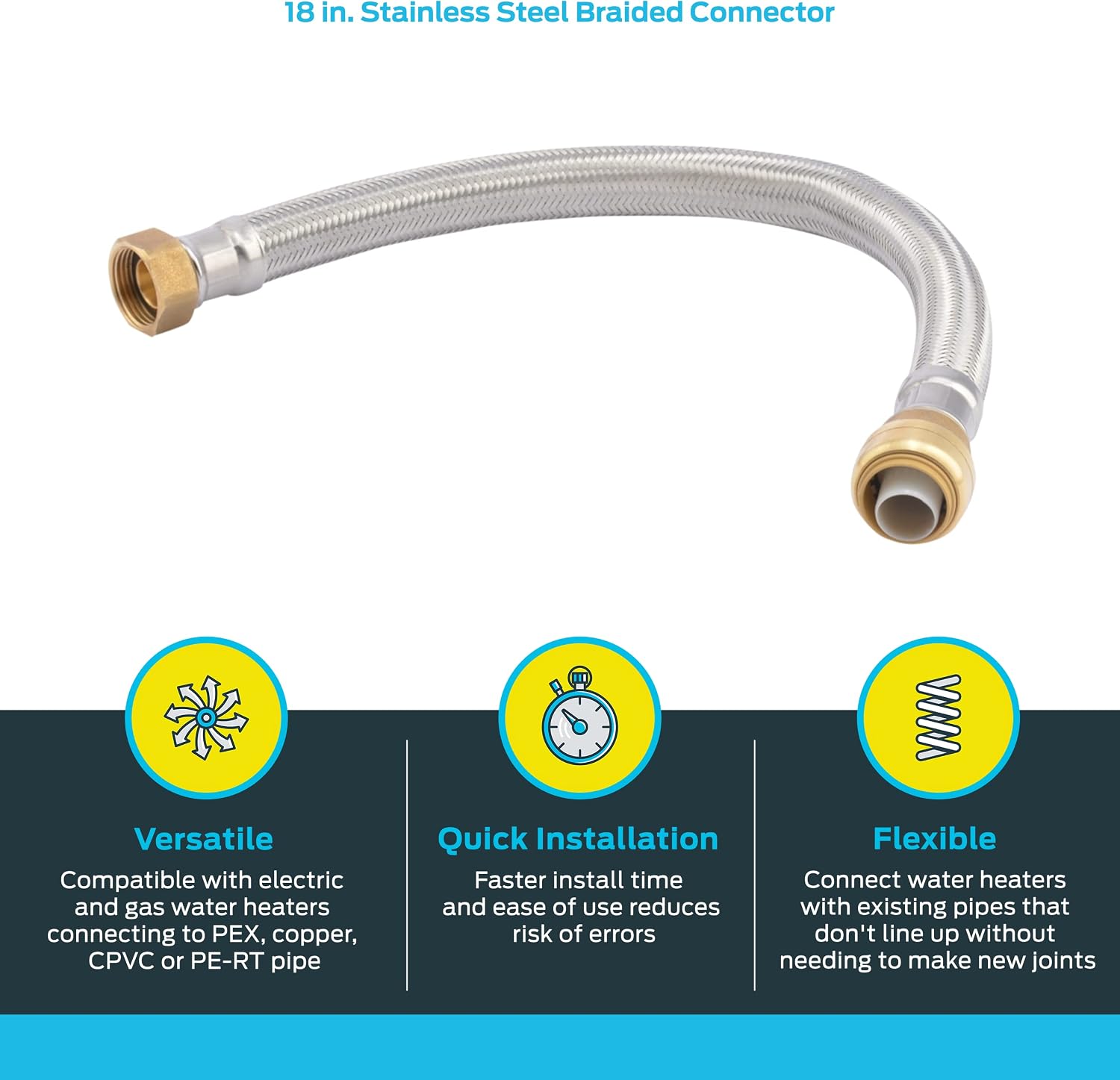 SharkBite 3/4 Inch x 3/4 Inch FIP x 18 Inch Stainless Steel Braided Flexible Water Heater Connector, Push To Connect Brass Plumbing Fitting, PEX Pipe, Copper, CPVC, PE-RT, HDPE, U3088FLEX18LF