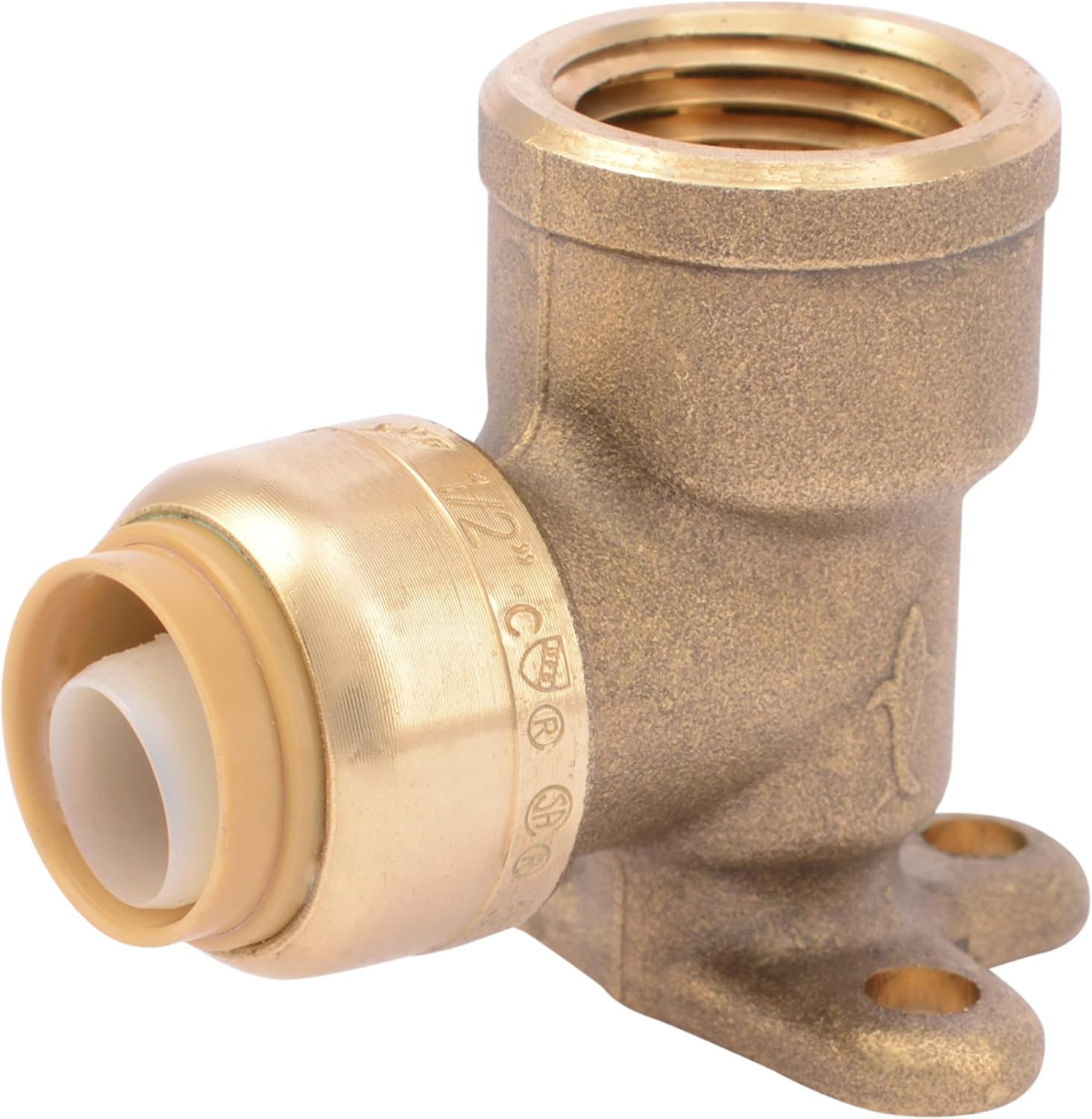 SharkBite 1/2 Inch x 1/2 Inch Drop Ear Elbow, FNPT, Push to Connect Brass Plumbing Fitting, PEX Pipe, Copper, CPVC, PE-RT, HDPE, UR120A